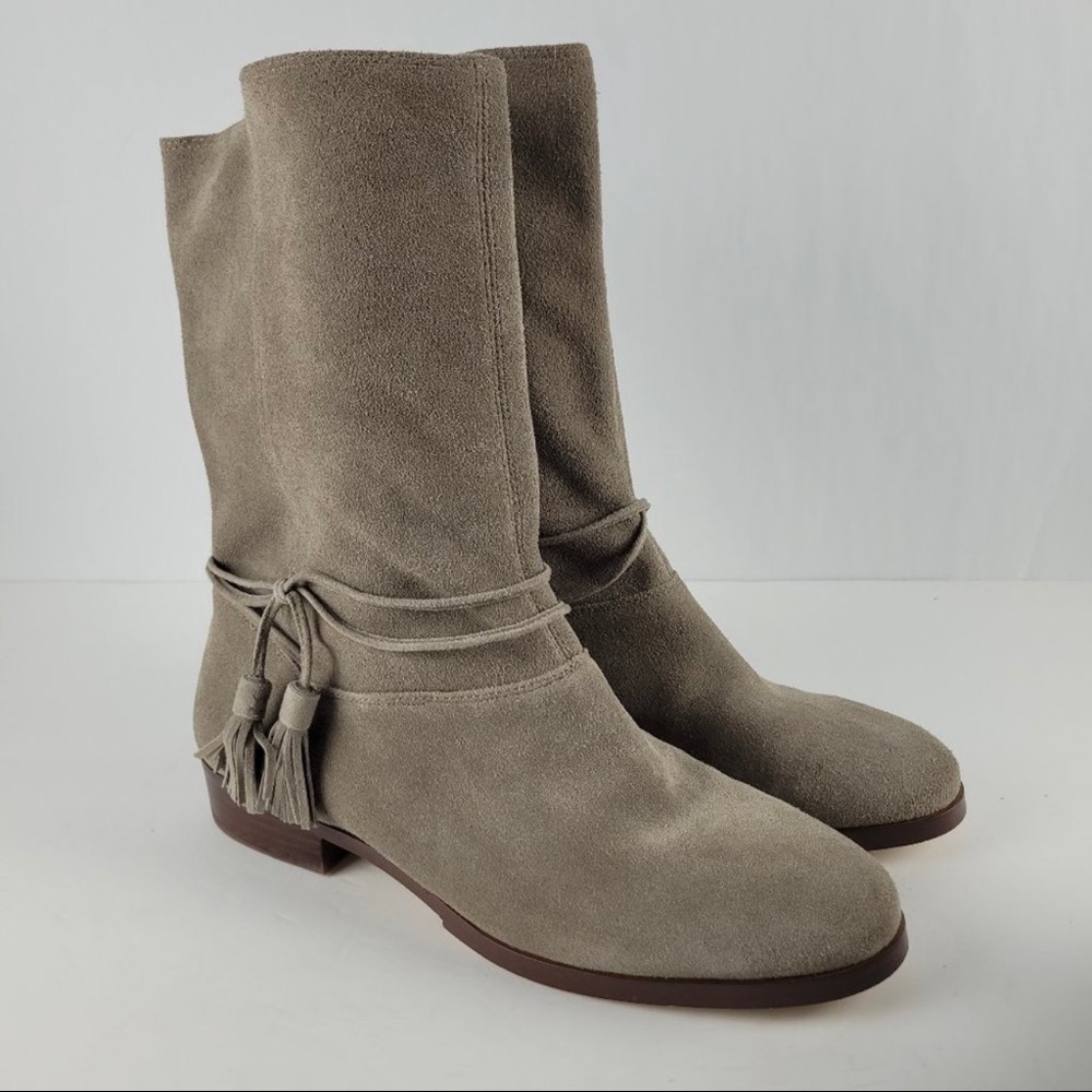 Lands' End Taupe Gray Suede Mid Calf Pull On Tassel Tie Slouch Boots 10D